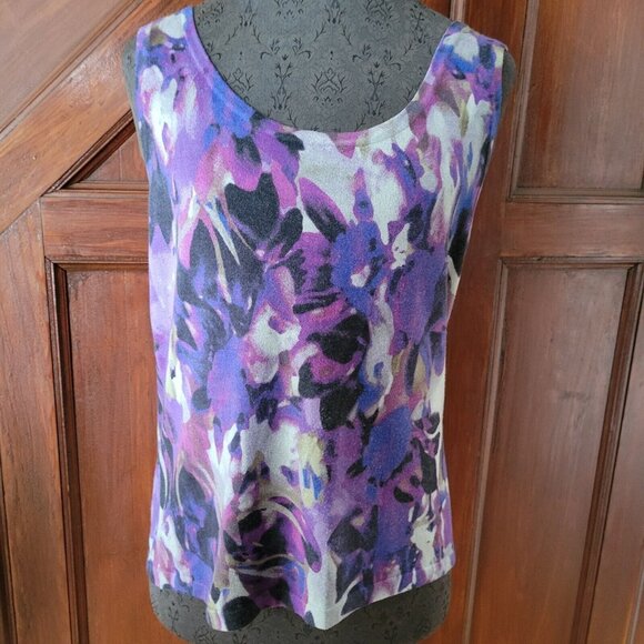 Anne Klein Purple/Gray Floral Sleeveless Blouse Shell M Silk Cashmere - Picture 1 of 5